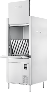A stainless steel commercial pot/pan/utensil washer with an open vertical door reveals racks holding trays upright. The high temperature sanitizing control panel with digital display is visible on the front. The machine stands on four legs and is labeled Hobart at the top.