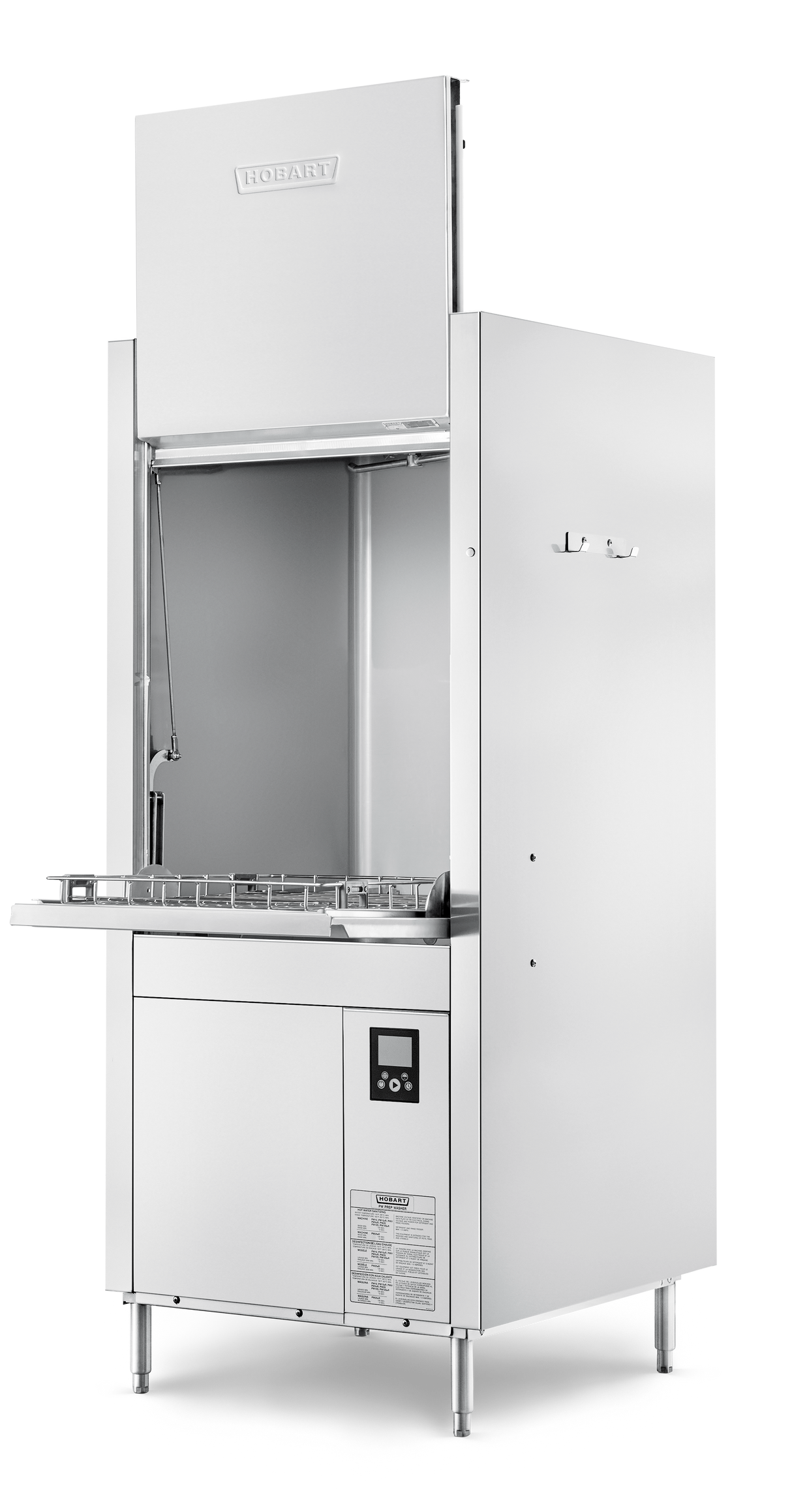 A commercial stainless steel Hobart front loading dishwasher with smart touchscreen controls, an open tall door, interior spray arm, and wire rack for dishes. The appliance stands on four legs against a plain white background.