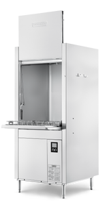 A commercial stainless steel Hobart front loading pot/pan/utensil washer stands on four legs, featuring a large partially open door, digital control panel, and hooks on the side. Its modern design supports high temperature sanitizing with a clean, reflective surface.
