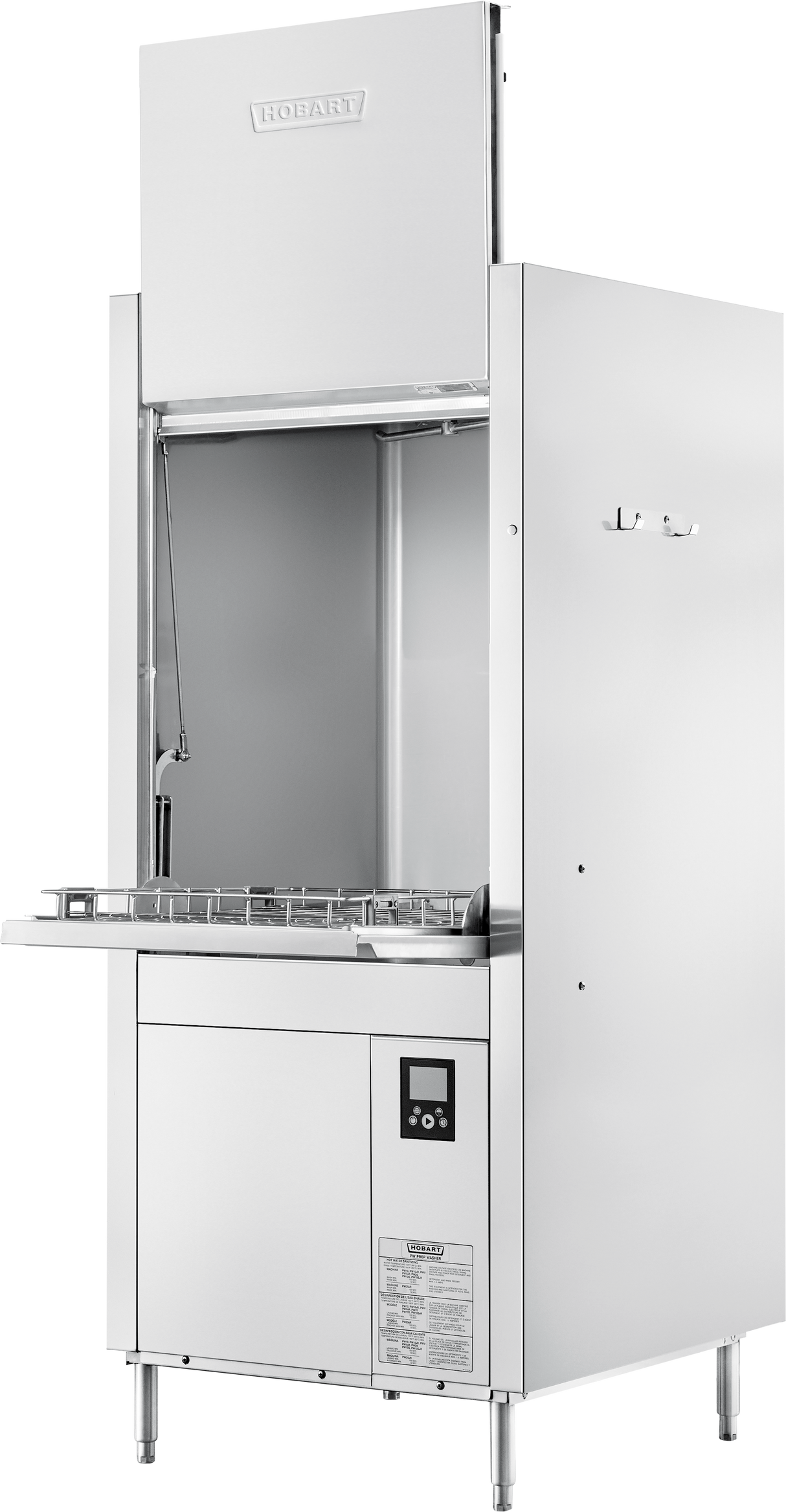 A commercial stainless steel Hobart front loading dishwasher with a vertical sliding door open, revealing the internal washing area and metal dish rack. The unit features high temperature sanitizing, control buttons, and a digital display on the lower right front panel.