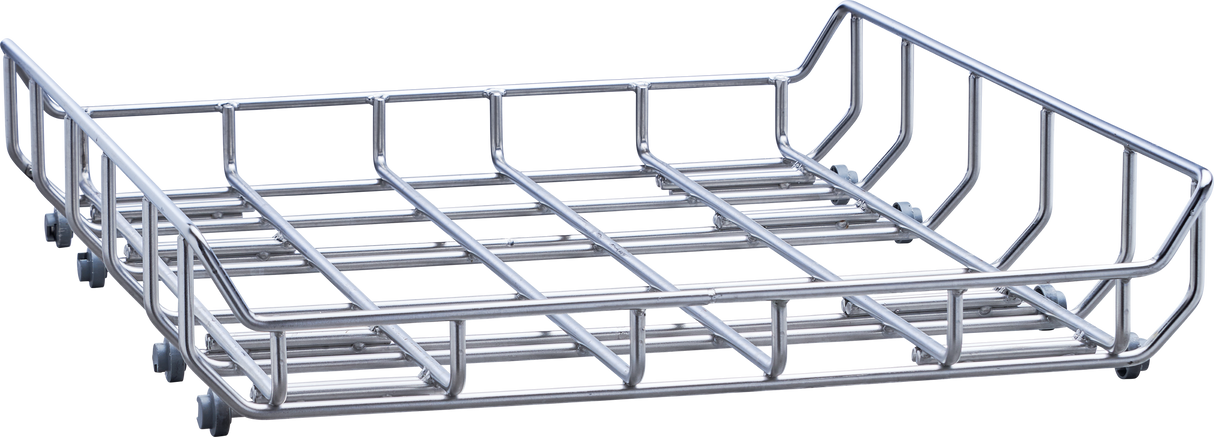 A metal wire basket with a rectangular shape, open sides, and a grid-like base. Designed for storage in kitchen cabinets or pot/pan/utensil washers, it features four small wheels for easy sliding and is suitable for high temperature sanitizing.