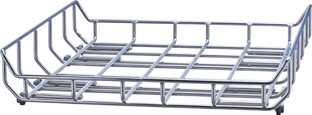 A rectangular metal wire basket with open sides, designed for storage or organization in a pot pan washer. The grid-patterned base and upright wires offer support, making it ideal for front loading and high temperature sanitizing applications.