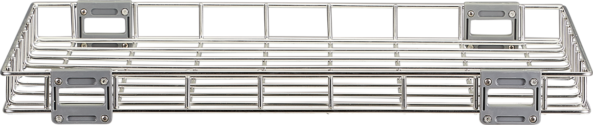 A rectangular metal wire basket with a grid pattern, viewed from the side. Designed for front loading pot pan washers, it has four gray plastic corner protectors and a shallow depth suitable for holding small items.