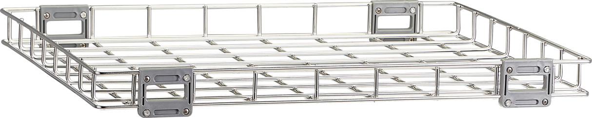 Rectangular metal wire tray with grid pattern, slightly elevated sides, and four gray plastic handles at each corner. The stackable silver tray is compatible with Advansys Hobart commercial utensil washers. Background is plain white.
