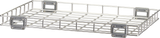 A rectangular, silver metal wire basket with a grid pattern and four gray plastic brackets attached to the sides. Ideal for organizing in a front loading pot pan washer or for high temperature sanitizing. The background is plain white.