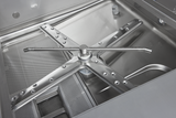 Close-up view of the interior of a Hobart Advansys ventless pot pan washer, showing a large stainless steel spray arm with multiple nozzles above a perforated metal filter tray. The clean, reflective surfaces highlight the machine’s sturdy construction.