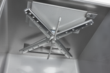 Close-up of the inside of a metal vault door, showing a large, X-shaped locking mechanism with multiple bolts—reminiscent of the robust engineering in Hobart Advansys ventless pot pan washers. The background is smooth and reflective steel.