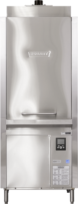 A large, stainless steel Hobart Advansys front loading utensil washer with a tall door, handle, digital control panel, printed label, and “Hobart” logo near the top. The reflective surface and four sturdy legs add to its commercial appeal.