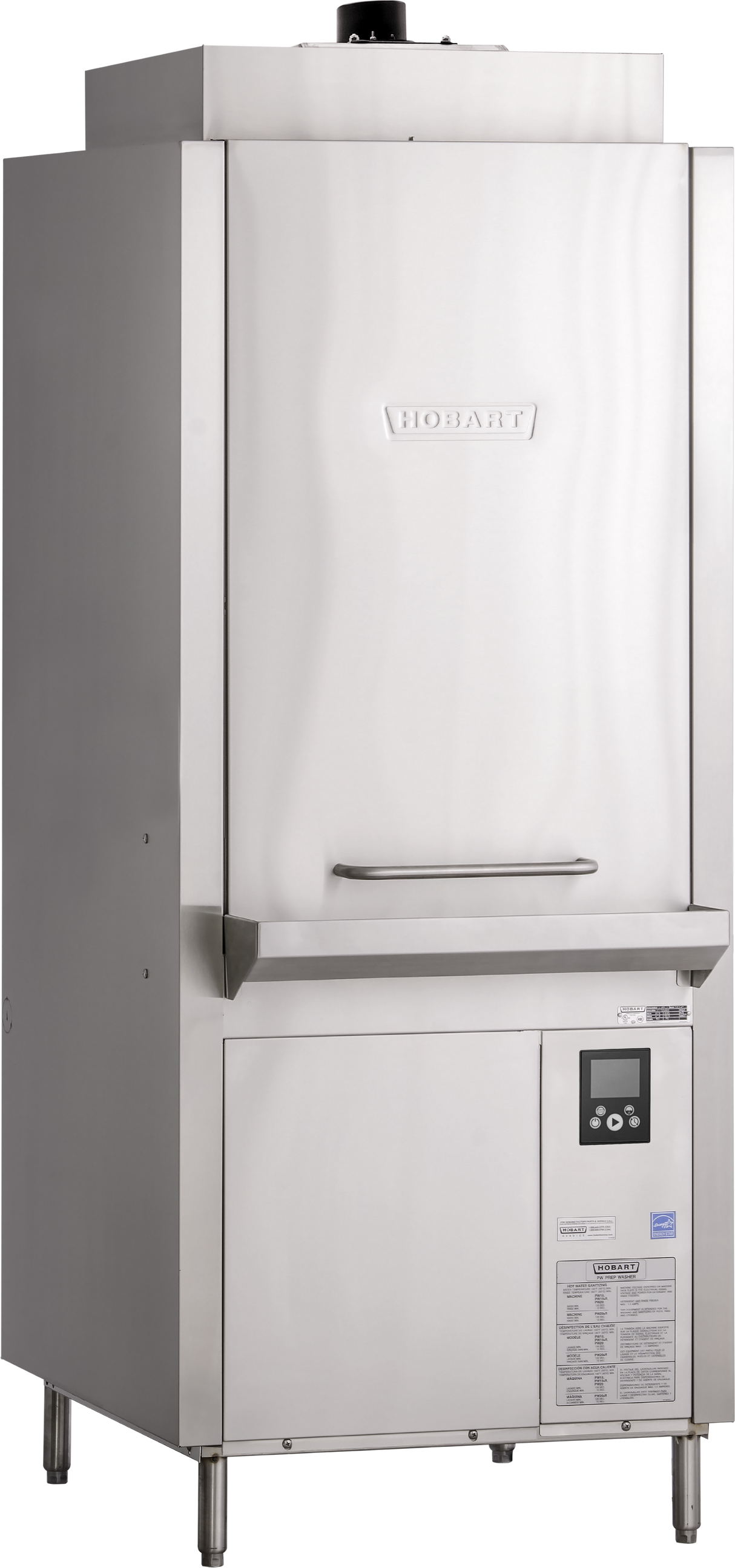 A commercial Hobart Advansys stainless steel dishwasher with a front-loading door, digital control panel, and four sturdy legs stands upright against a plain background. The Hobart logo is embossed on the front of this advanced commercial utensil washer.