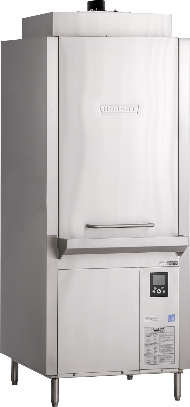 A large, stainless steel Advansys Hobart commercial utensil washer with a vertical rectangular shape. It features a wide handle on the door, control panel with buttons and screen, and stands on four sturdy legs.