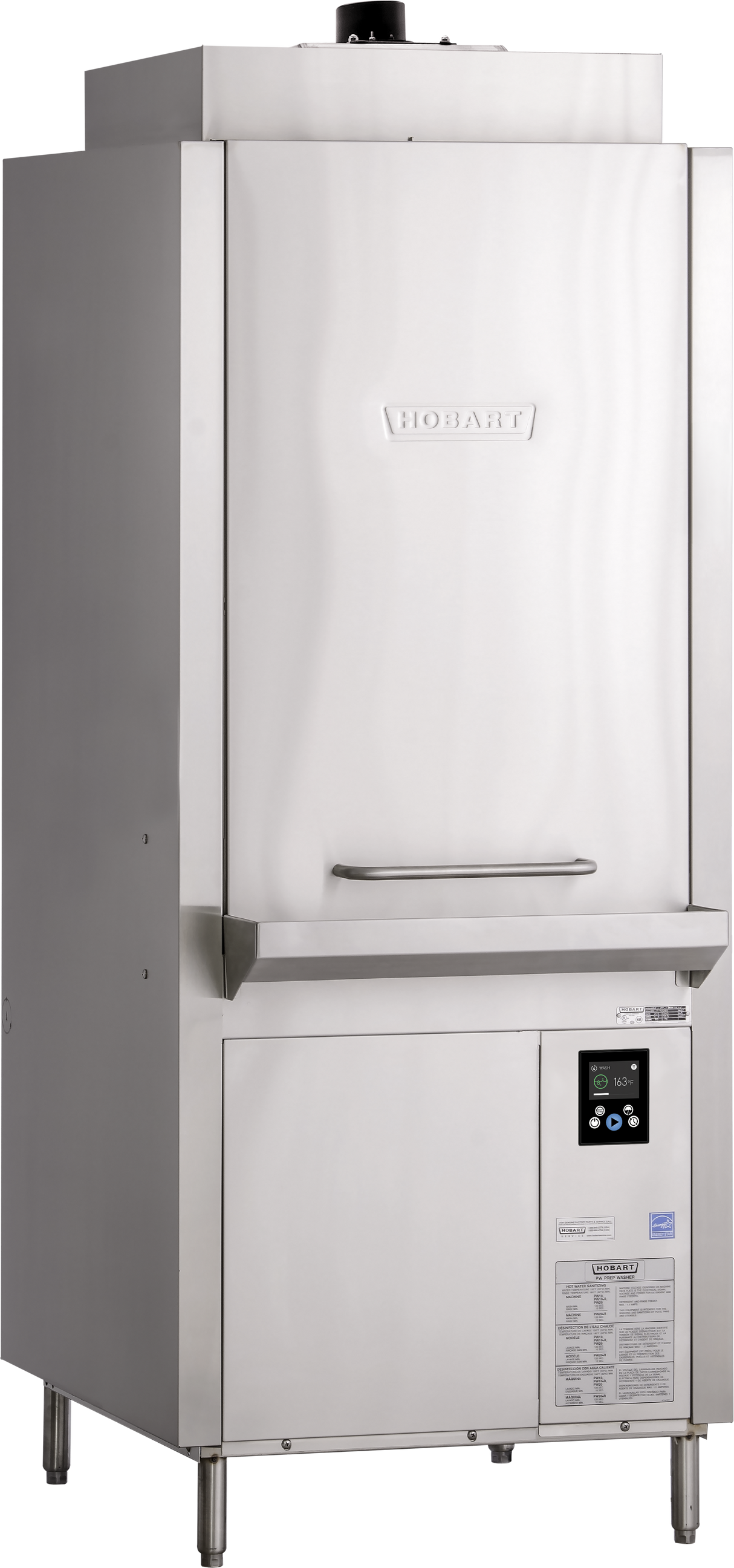 A large, industrial stainless steel Advansys Hobart dishwasher with the brand name embossed on the front. This ventless pot pan washer features a vertical handle, control panel near the bottom, and sturdy legs for support.