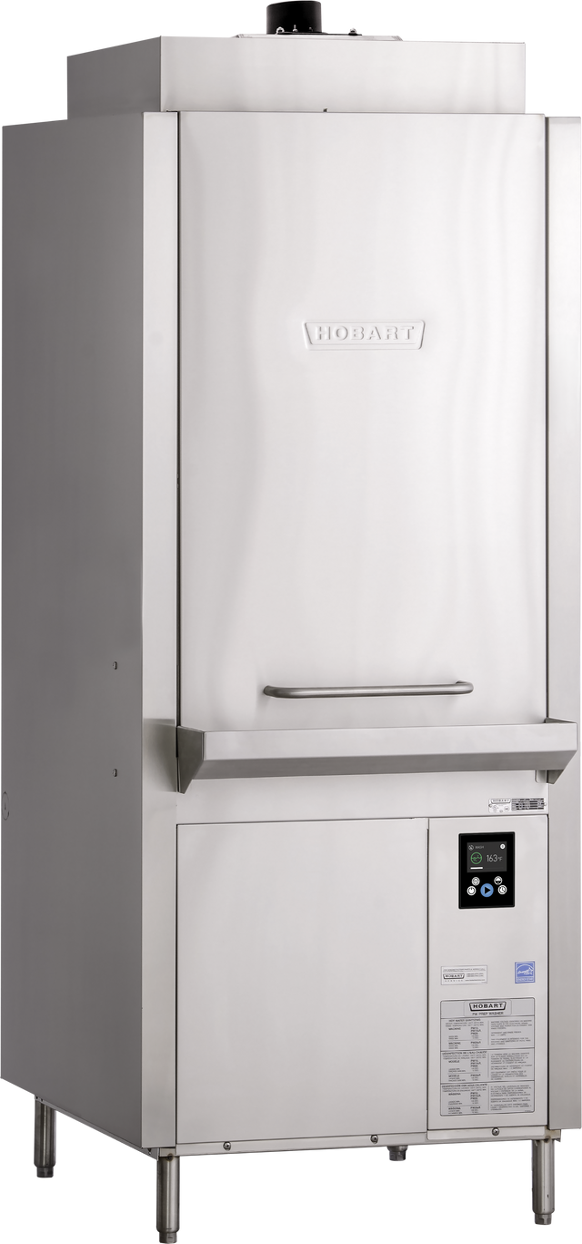 A large, industrial stainless steel Advansys Hobart dishwasher with the brand name embossed on the front. This ventless pot pan washer features a vertical handle, control panel near the bottom, and sturdy legs for support.