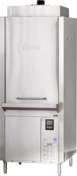 A tall, stainless steel Hobart Advansys front loading utensil washer stands out with a large handle, control panel with buttons and display, a ventless pot pan washer feature, and an information label near the bottom. The surface is smooth and reflective.