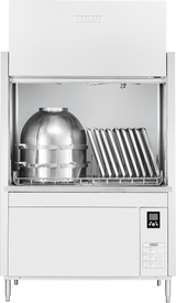 A ventless pot pan washer with high temperature sanitizing features, featuring a large stainless steel keg on the left and metal trays on the right inside the open washing chamber. The machine includes a control panel and a visible brand label on top.