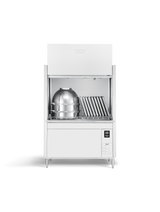 A commercial high temperature sanitizing dishwashing machine with an open front displays a large metal keg and trays inside. The white unit features stainless steel accents, a digital control panel, and stands on four legs against a plain white background.