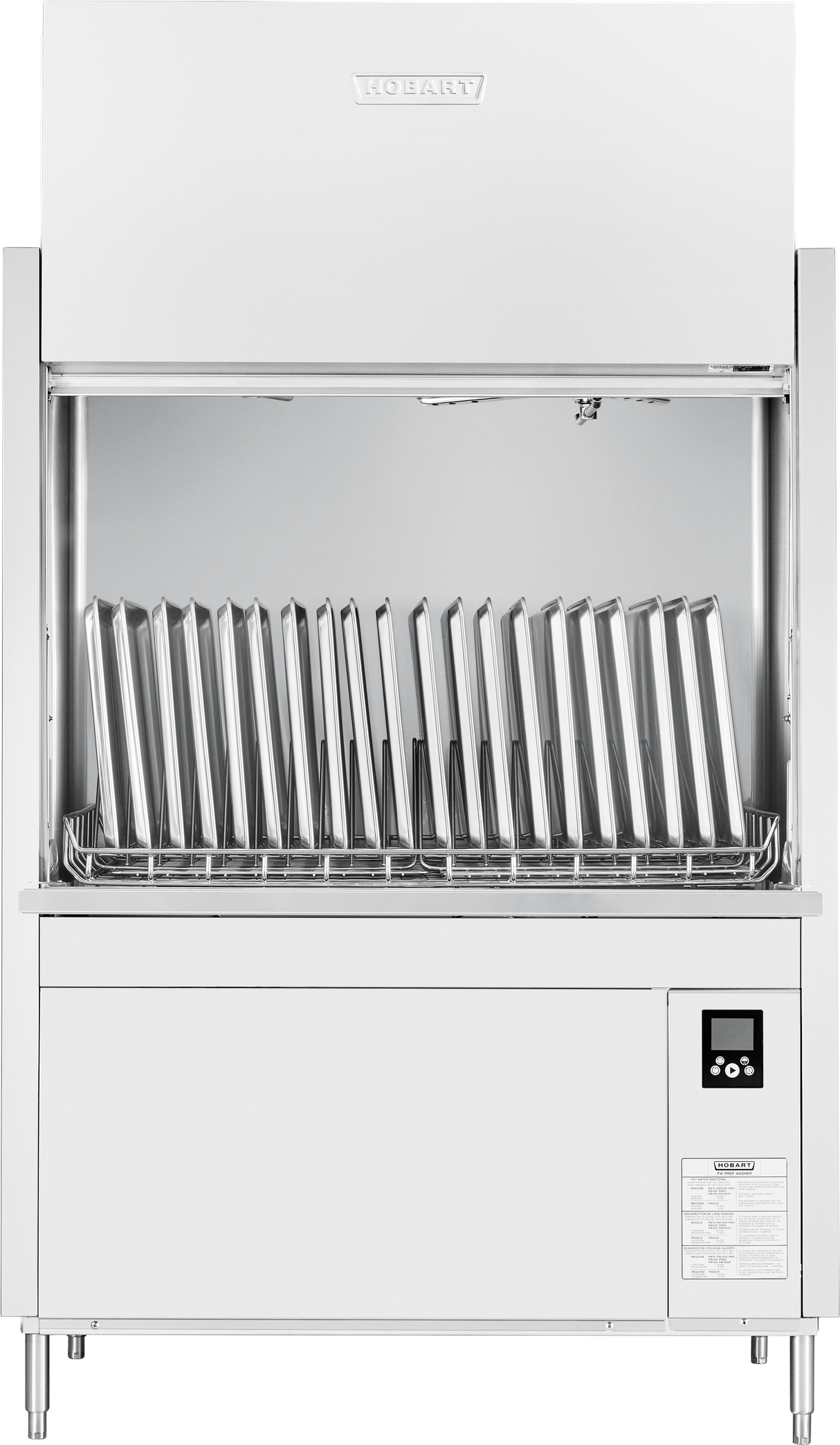 A commercial ventless pot pan washer with stainless steel finish, open door, and a rack loaded with metal trays vertically. A digital control panel is on the lower right front, and a brand logo is visible on the top front of the machine.