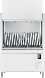 A commercial ventless pot pan washer with stainless steel finish, open door, and a rack loaded with metal trays vertically. A digital control panel is on the lower right front, and a brand logo is visible on the top front of the machine.