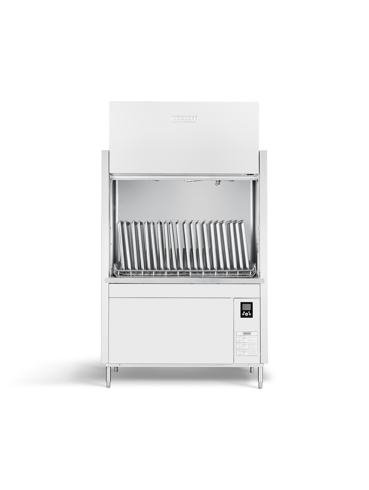 A ventless pot pan washer with a white exterior and stainless steel interior is loaded with metal trays arranged vertically. The dishwasher door is open, displaying the trays inside. It stands on four metal legs against a plain white background.