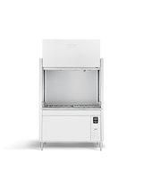 A commercial stainless steel kitchen appliance with a hood, open front, metal grill, and small digital control panel in the bottom right corner features high temperature sanitizing capabilities, set against a plain white background.