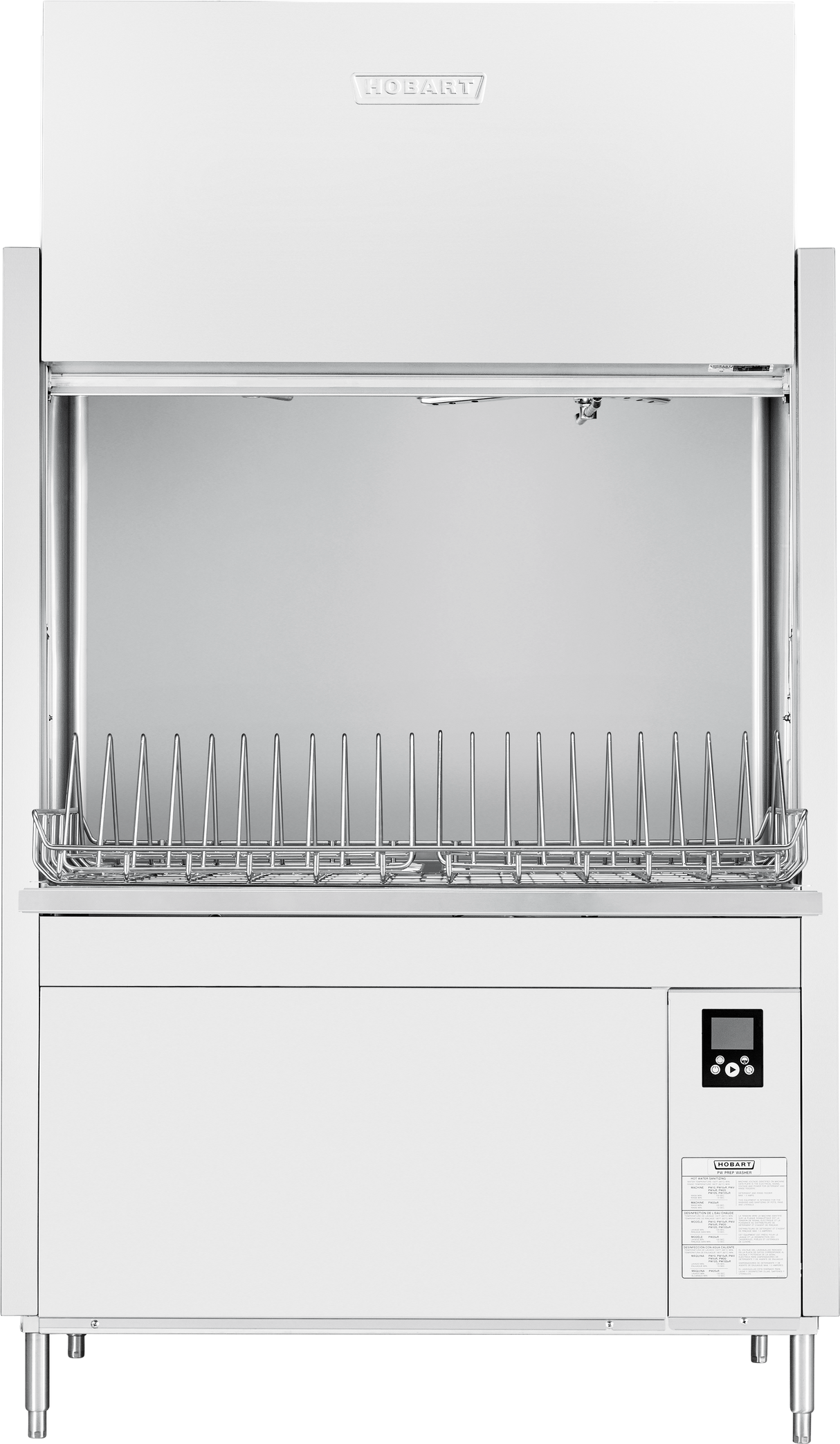 A large industrial dishwasher with a stainless steel finish, open front loading area, metal rack with upright prongs for dishes, and an energy recovery system. The control panel has a digital display; Hobart brand name is visible at the top.