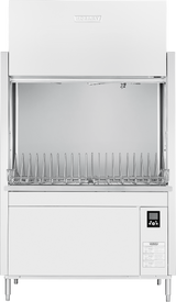 A large industrial dishwasher with a stainless steel finish, open front loading area, metal rack with upright prongs for dishes, and an energy recovery system. The control panel has a digital display; Hobart brand name is visible at the top.