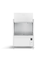 A commercial stainless steel, high temperature sanitizing dishwasher with an open front-loading door, metal dish rack inside, control panel on the bottom right, and a clean, minimal design stands on four metal legs against a plain white background.