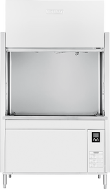 A large, industrial stainless steel dishwasher with high temperature sanitizing, an open front loading area, a digital control panel on the lower right, and a “HOBART” logo on the top panel. The machine stands on four metal legs.
