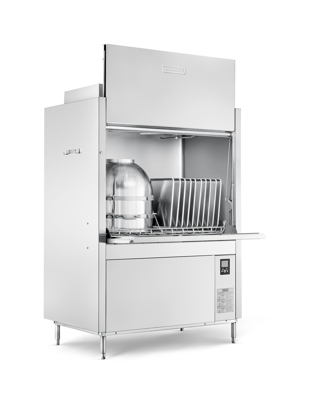 A ventless pot pan washer made of stainless steel with a front-loading door open, revealing racks and a large silver pot inside. The control panel is visible on the lower right, featuring high temperature sanitizing for optimal cleanliness.