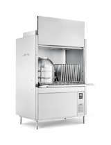 A ventless pot pan washer made of stainless steel with a front-loading door open, revealing racks and a large silver pot inside. The control panel is visible on the lower right, featuring high temperature sanitizing for optimal cleanliness.