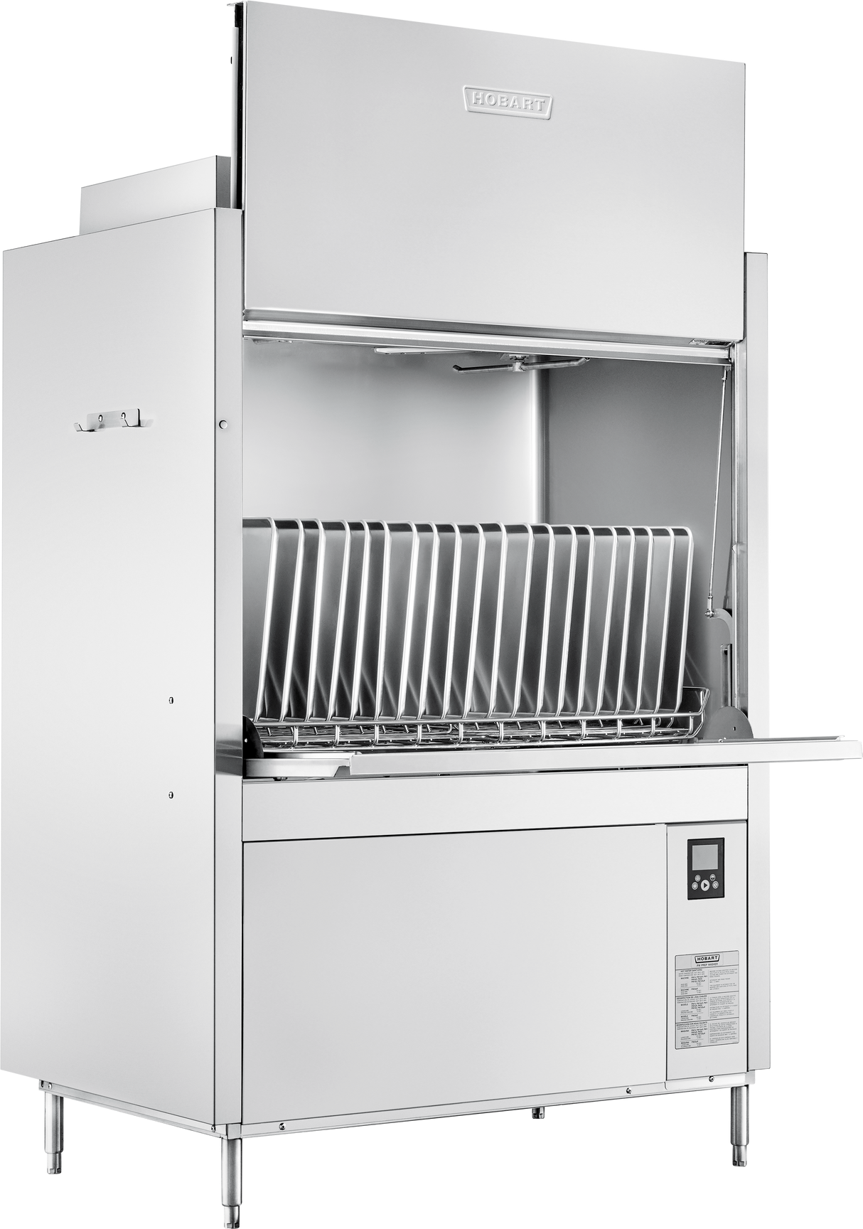 A large, industrial stainless steel dishwasher with an open front door, showing interior racks for dishes. Featuring energy recovery technology, the upper section has the Hobart logo and a digital control panel is on the lower front right. The unit stands on four legs.