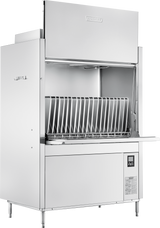 A large, industrial stainless steel dishwasher with an open front door, showing interior racks for dishes. Featuring energy recovery technology, the upper section has the Hobart logo and a digital control panel is on the lower front right. The unit stands on four legs.