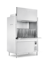 A large, industrial stainless steel ventless pot pan washer with an open front door reveals vertical racks for washing trays or large dishes. Featuring high temperature sanitizing, the control panel is on the lower right and the machine stands on four legs against a white background.