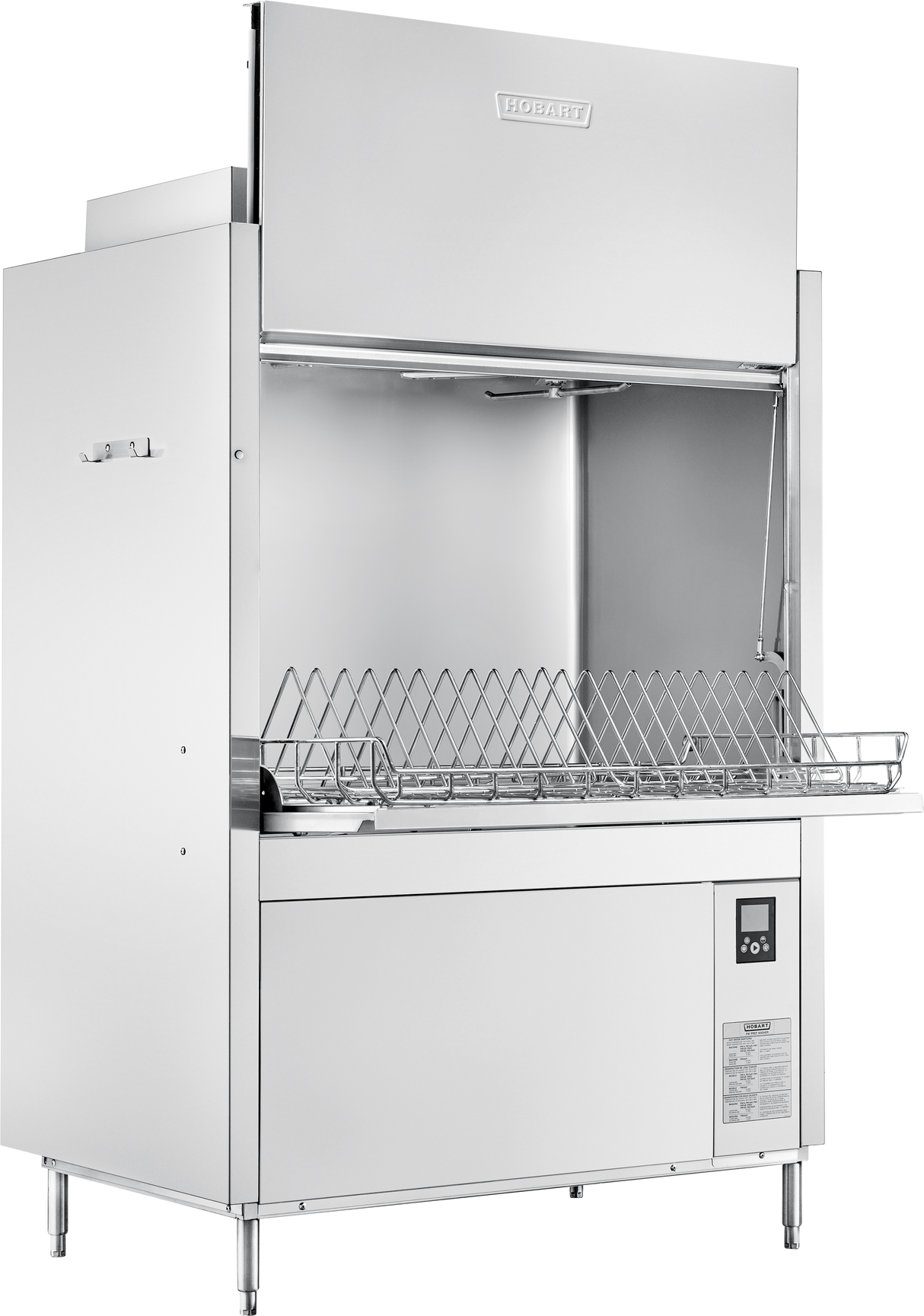A large commercial stainless steel dishwasher with a digital control panel, an open front, and a metal dish rack. This high temperature sanitizing Hobart model features an open top section for loading and stands on four legs for stability.
