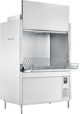 A large commercial stainless steel dishwasher with a digital control panel, an open front, and a metal dish rack. This high temperature sanitizing Hobart model features an open top section for loading and stands on four legs for stability.