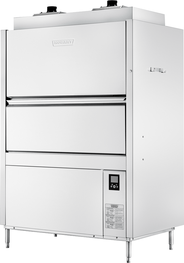 A large, stainless steel Advansys PW20N commercial kitchen dishwasher with Hobart branding, two pull-down doors, a digital control panel on the lower right, and four metal legs. This ventless pot pan washer has a modern, industrial appearance.