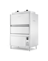 A large, industrial ventless pot pan washer made of stainless steel with a rectangular shape, standing on four metal legs. It features a front-facing handle, control panel with buttons and labels, and ventilation openings for energy recovery.