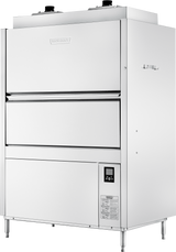 A large, industrial, stainless steel Hobart dishwasher with two horizontal doors, control panel on the lower right, and ventilation openings on top stands on four legs. This ventless pot pan washer features a shiny surface and delivers high temperature sanitizing.