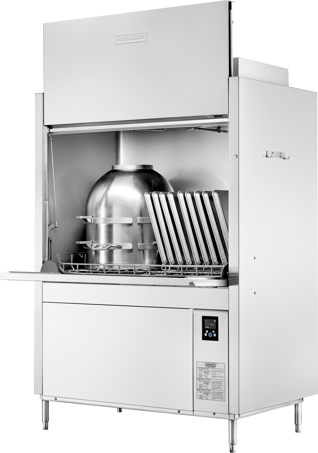 A large, industrial stainless steel ventless pot pan washer with an open front shows metal trays and a domed container stacked inside. The control panel is visible at the lower right, and the machine stands on four legs against a plain background.