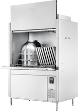 A commercial stainless steel dishwasher with the front door open reveals racks holding trays and a large dome-shaped container inside. This ventless pot pan washer features energy recovery, while the control panel sits sleekly on the lower right.