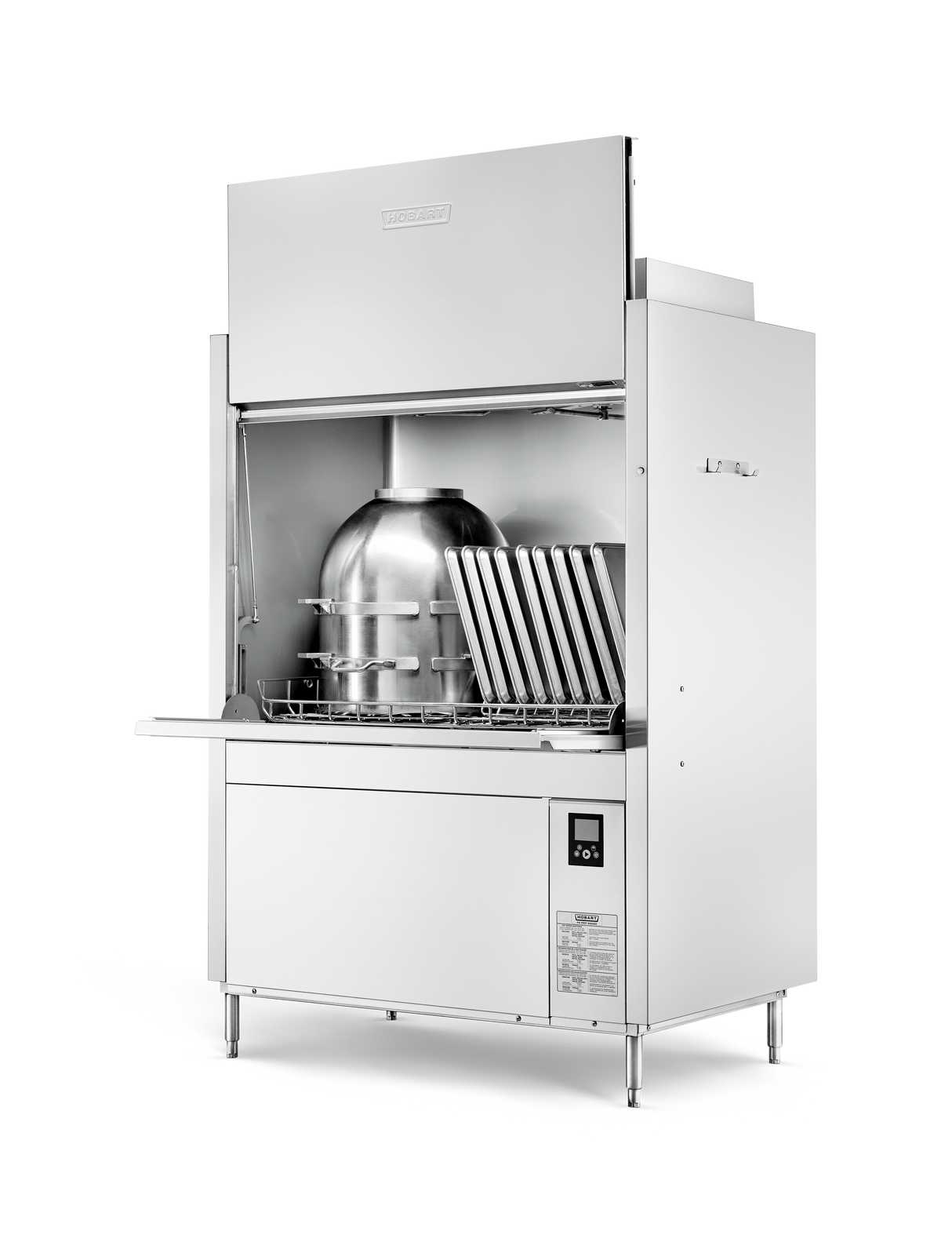 A large stainless steel ventless pot pan washer is shown with the front open, revealing racks holding several metal trays and a large bowl. The control panel and buttons are visible on the lower right side. The background is plain white.