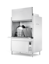 A large stainless steel ventless pot pan washer is shown with the front open, revealing racks holding several metal trays and a large bowl. The control panel and buttons are visible on the lower right side. The background is plain white.