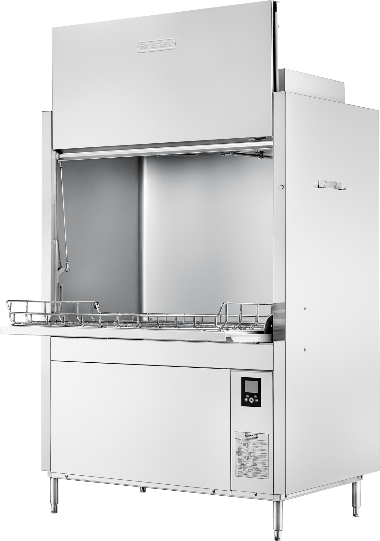 A large, stainless steel ventless pot pan washer with an open front-loading door, control panel on the lower right, a wire rack partially pulled out, and a reflective metal interior. The machine features high temperature sanitizing and modern industrial design.