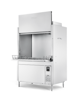 A large, stainless steel ventless pot pan washer with an open front, wire rack, digital control panel, and four legs. This sleek, industrial machine features high temperature sanitizing for heavy-duty kitchen use against a plain white background.