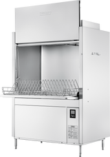 A large, commercial stainless steel ventless pot pan washer with an open front-loading door. Inside, a removable metal rack holds dishes. The control panel and instructions label are visible on the lower right front. Features high temperature sanitizing.