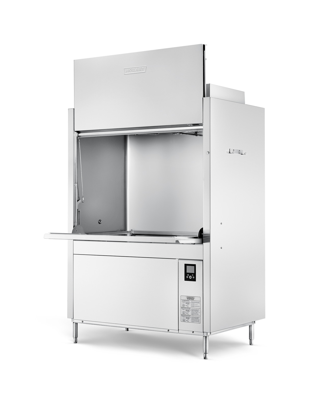 A large stainless steel commercial kitchen appliance, this high temperature sanitizing ventless pot pan washer features a wide open-front workspace, overhead hood, side handle, control panel on the lower front, and sturdy legs, set against a plain white background.