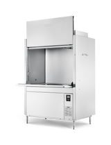 A large stainless steel commercial kitchen appliance, this high temperature sanitizing ventless pot pan washer features a wide open-front workspace, overhead hood, side handle, control panel on the lower front, and sturdy legs, set against a plain white background.