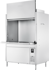 A large stainless steel commercial kitchen ventilation hood with Wi-Fi connectivity, featuring a pull-down front panel, control panel on the lower right, and a boxy shape on four legs. The reflective interior complements its modern, industrial design.