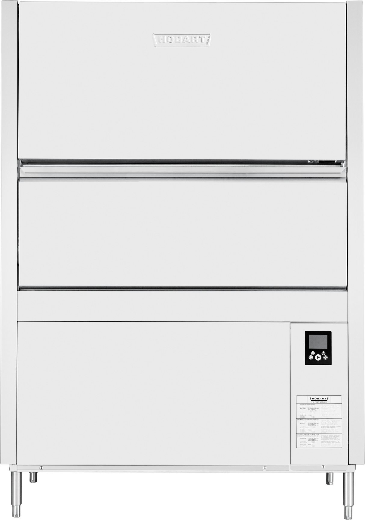 A large commercial front loading dishwasher with a white exterior, four metal legs, and a digital control panel on the bottom right. The Hobart brand is displayed at the top center. Features high temperature sanitizing and an instruction sticker.