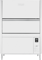 A large commercial front loading dishwasher with a white exterior, four metal legs, and a digital control panel on the bottom right. The Hobart brand is displayed at the top center. Features high temperature sanitizing and an instruction sticker.