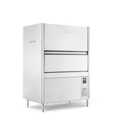 A large, industrial front loading utensil washer stands on four legs. It features a front-facing door, control panel with buttons on the lower right, and a sleek design for commercial kitchens. This model ensures high temperature sanitizing. The background is plain white.
